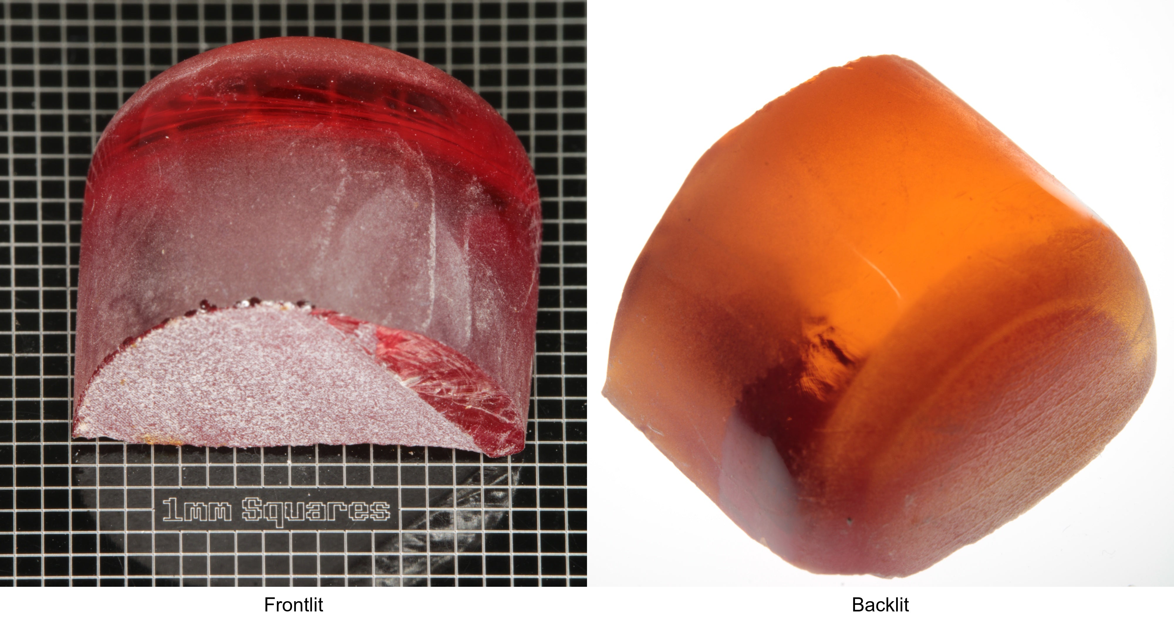 Rough Orange Flame Fusion Sapphire, Semicircle Tail Shaped Piece shown in both normal light and backlit.
