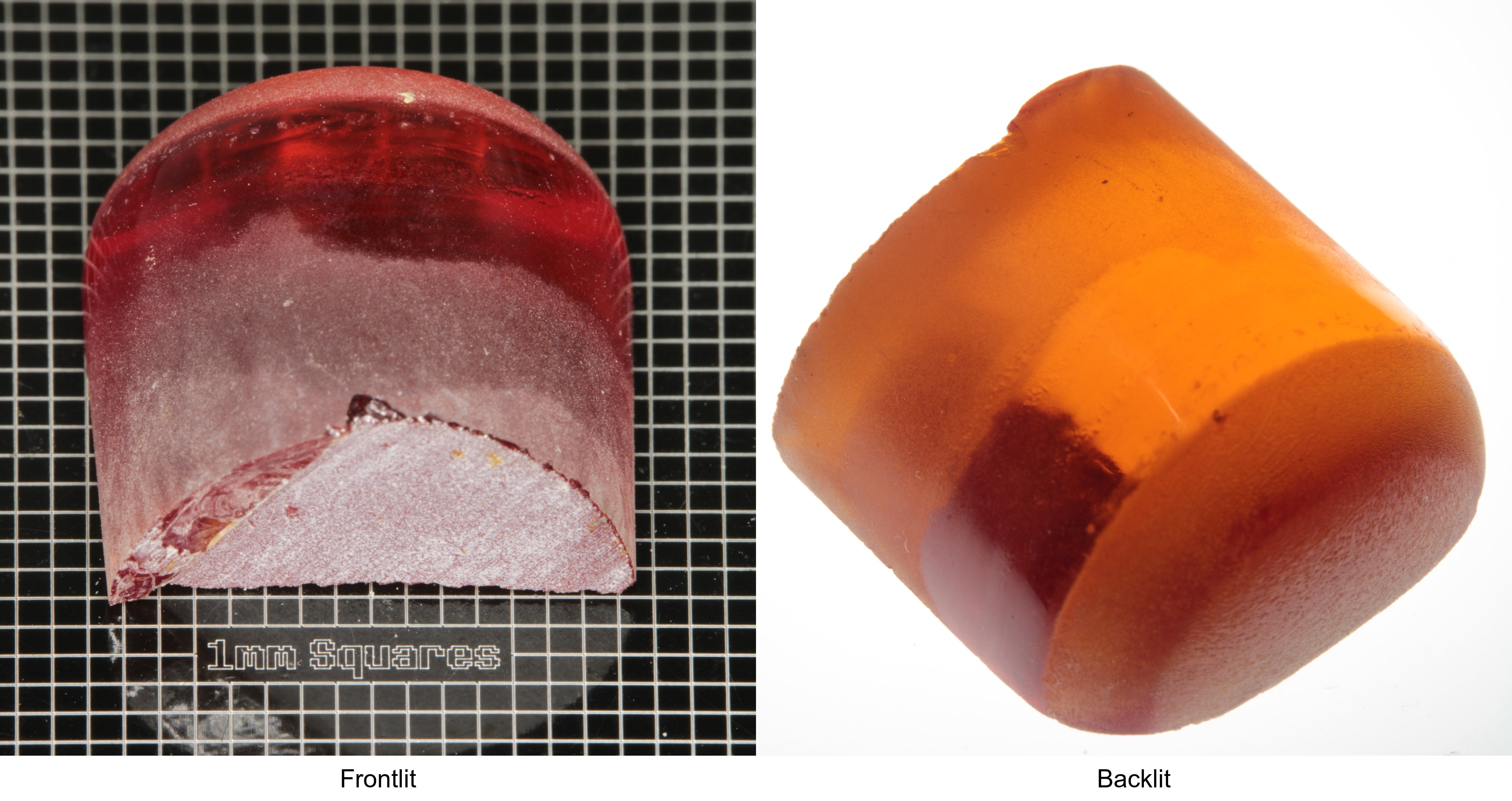 Rough Orange Flame Fusion Sapphire, Semicircle Tail Shaped Piece shown in both normal light and backlit.