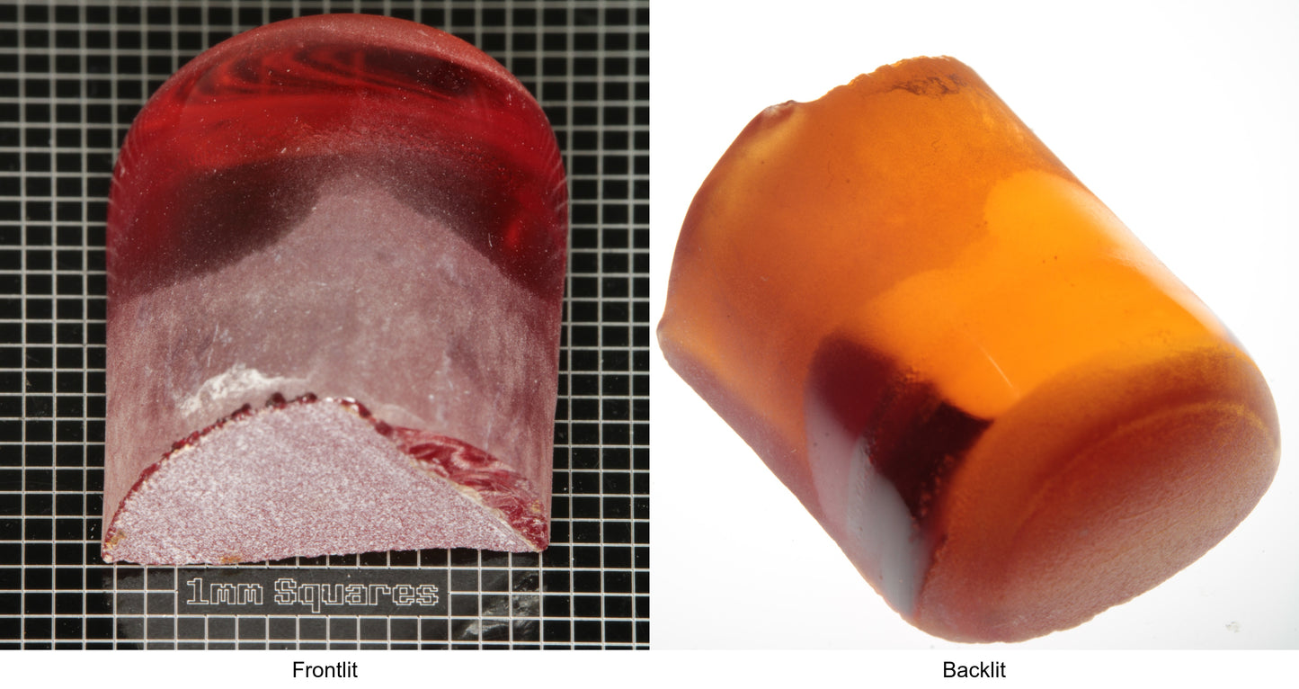 Rough Orange Flame Fusion Sapphire, Semicircle Tail Shaped Piece shown in both normal light and backlit.
