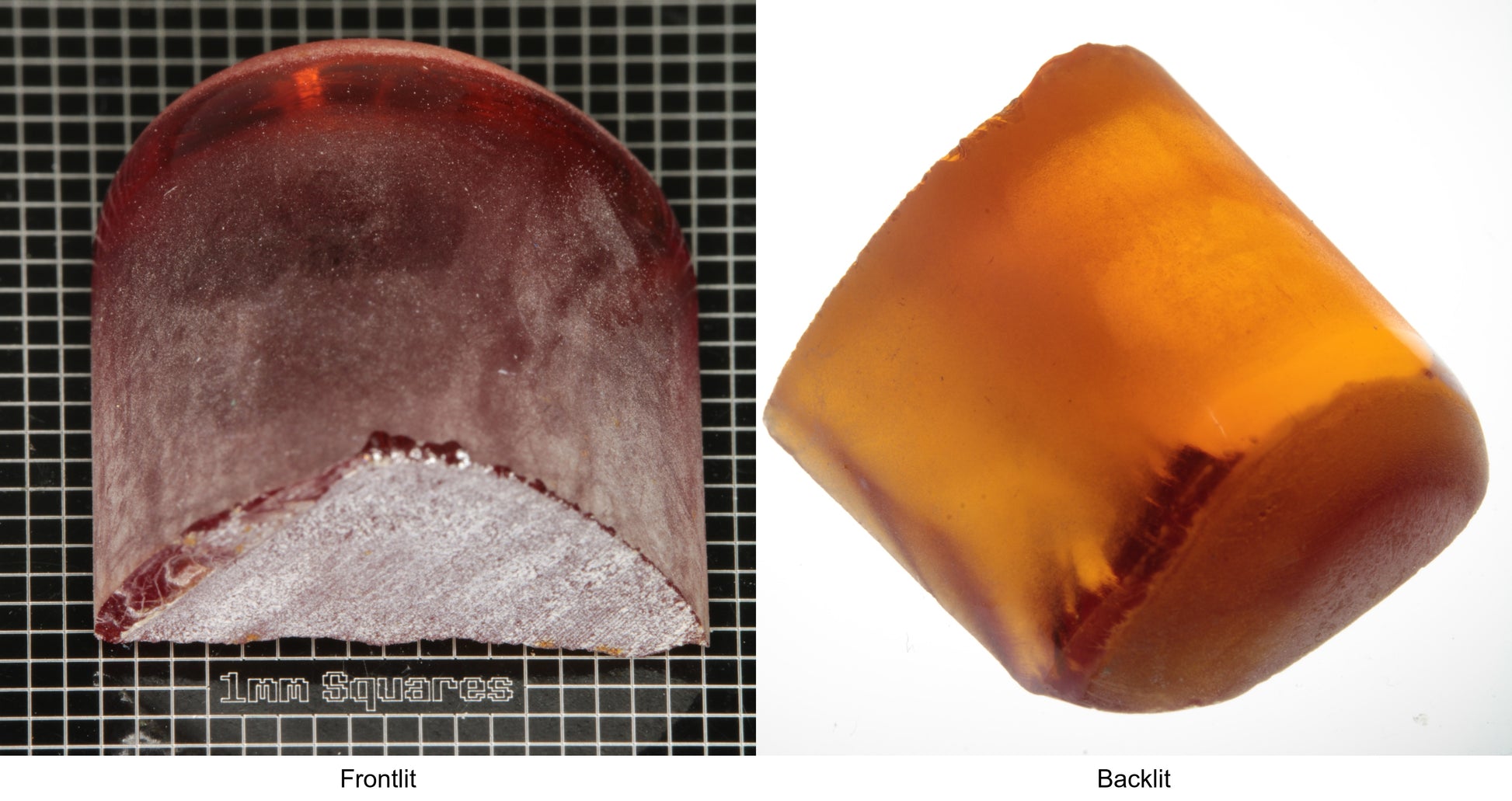Rough Orange Flame Fusion Sapphire, Semicircle Tail Shaped Piece shown in both normal light and backlit.