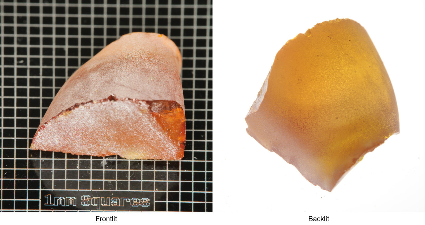 Rough Orange Flame Fusion Sapphire, Semicone Shaped Piece shown in both normal light and backlit.