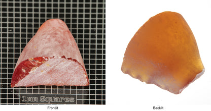 Rough Orange Flame Fusion Sapphire, Semicone Shaped Piece shown in both normal light and backlit.