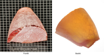 Rough Orange Flame Fusion Sapphire, Semicone Shaped Piece shown in both normal light and backlit.