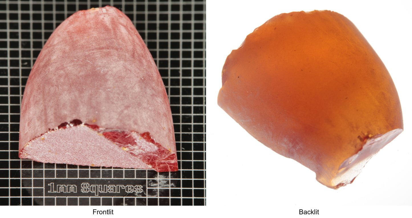 Rough Orange Flame Fusion Sapphire, Semicone Shaped Piece shown in both normal light and backlit.