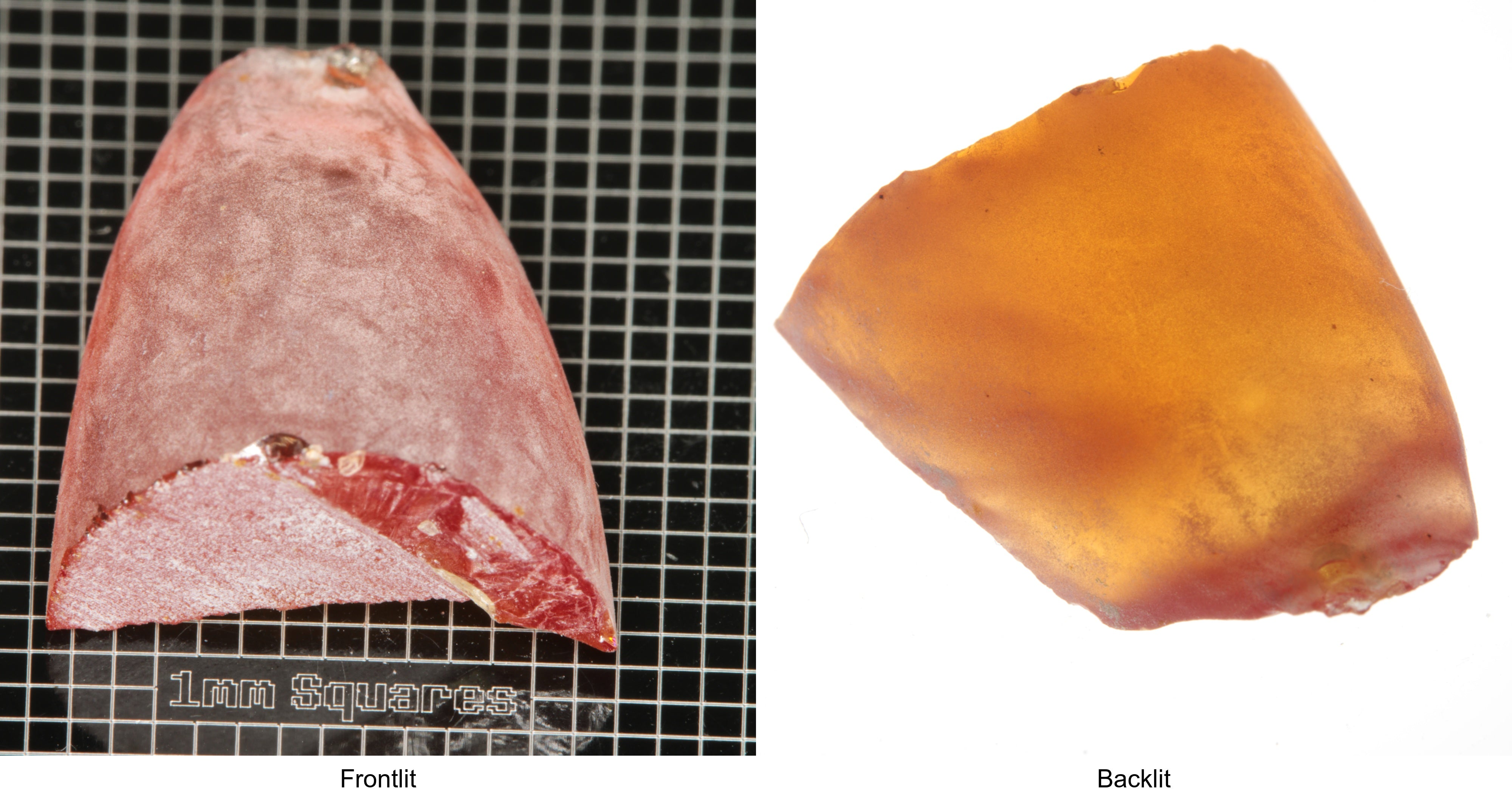 Rough Orange Flame Fusion Sapphire, Semicone Shaped Piece shown in both normal light and backlit.