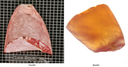 Rough Orange Flame Fusion Sapphire, Semicone Shaped Piece shown in both normal light and backlit.