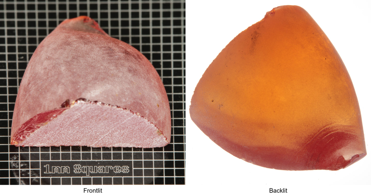Rough Orange Flame Fusion Sapphire, Semicone Shaped Piece shown in both normal light and backlit.
