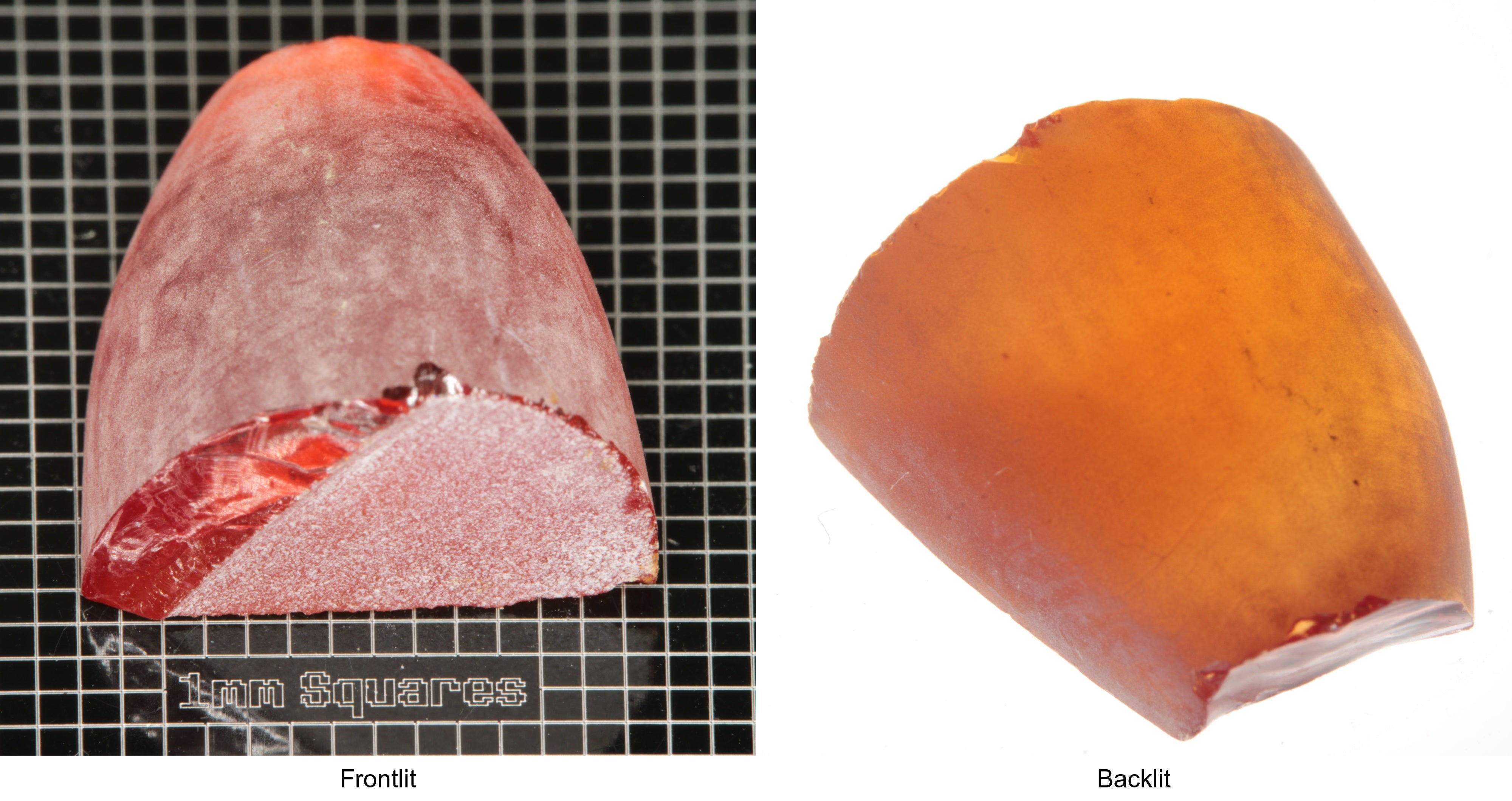 Rough Orange Flame Fusion Sapphire, Semicone Shaped Piece shown in both normal light and backlit.