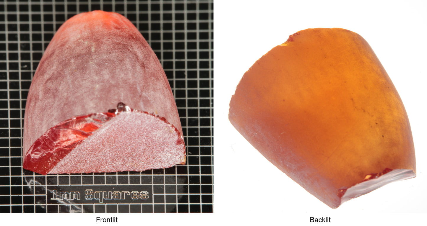 Rough Orange Flame Fusion Sapphire, Semicone Shaped Piece shown in both normal light and backlit.