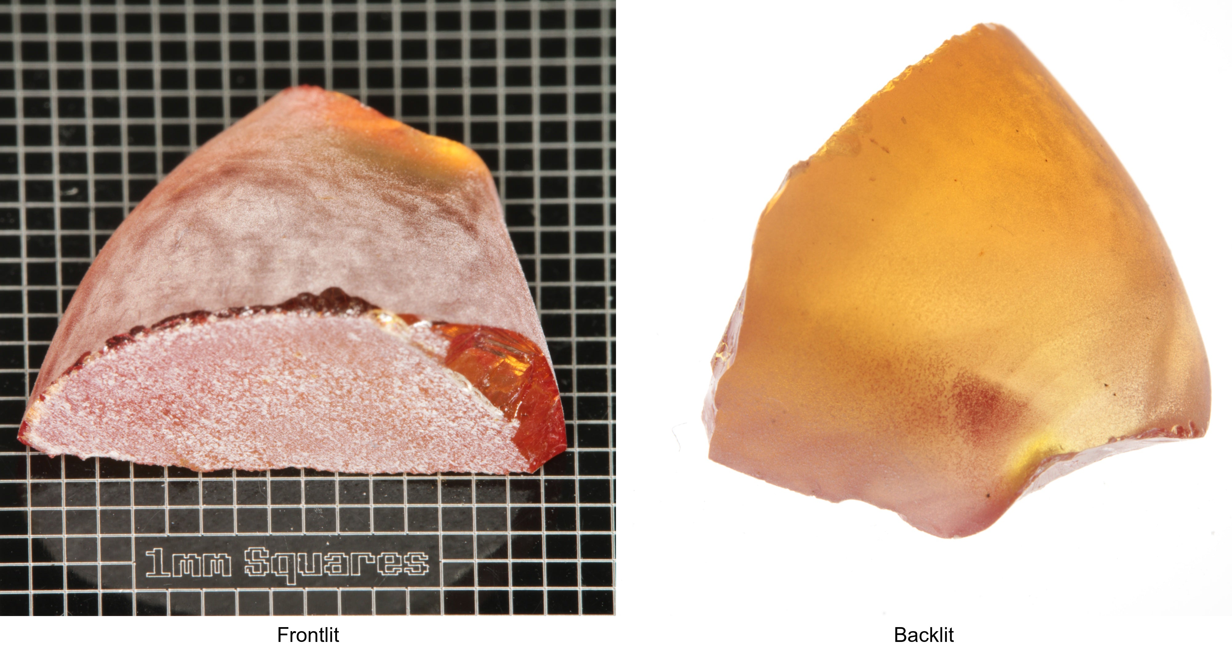 Rough Orange Flame Fusion Sapphire, Semicone Shaped Piece shown in both normal light and backlit.