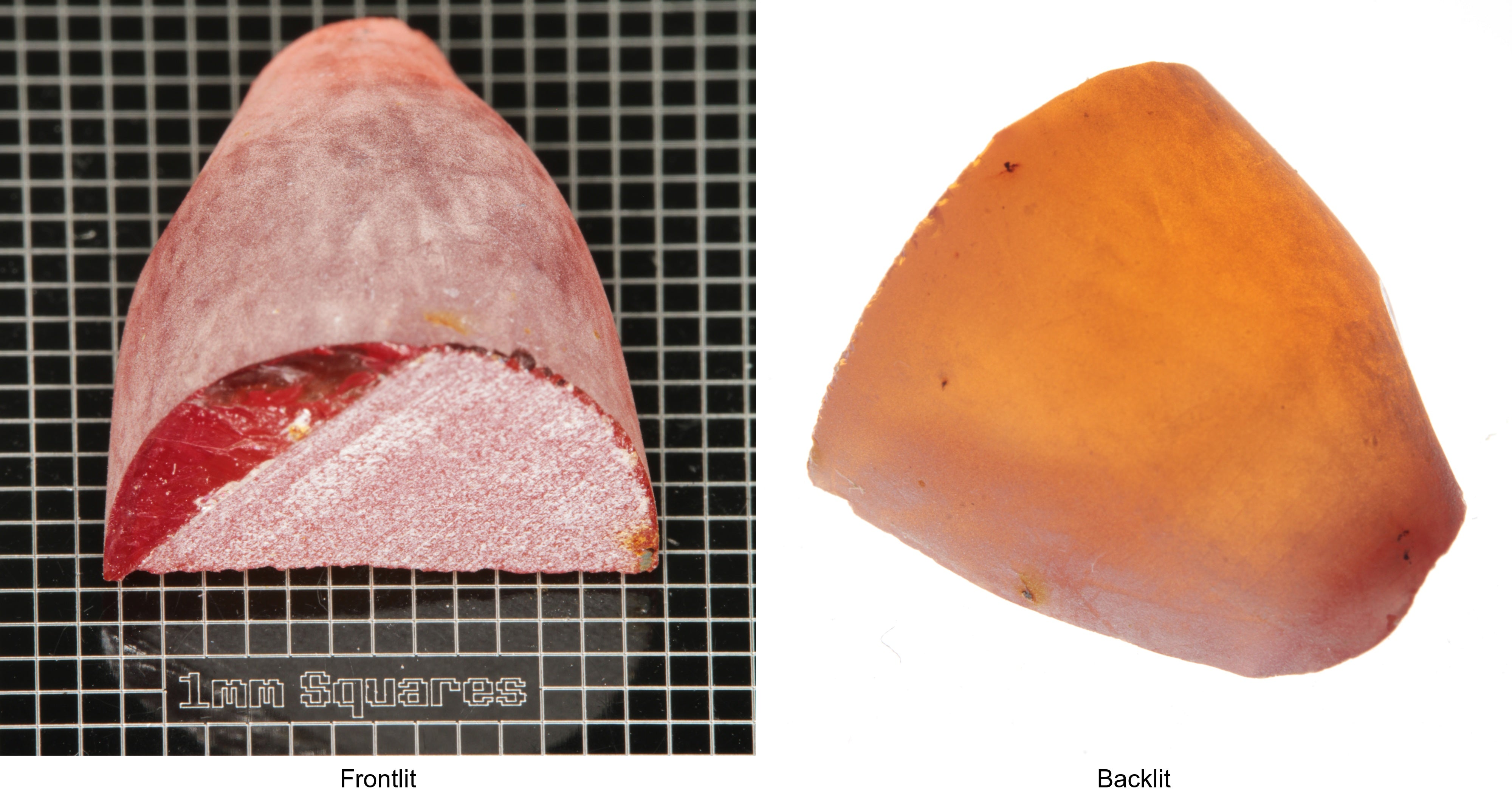 Rough Orange Flame Fusion Sapphire, Semicone Shaped Piece shown in both normal light and backlit.