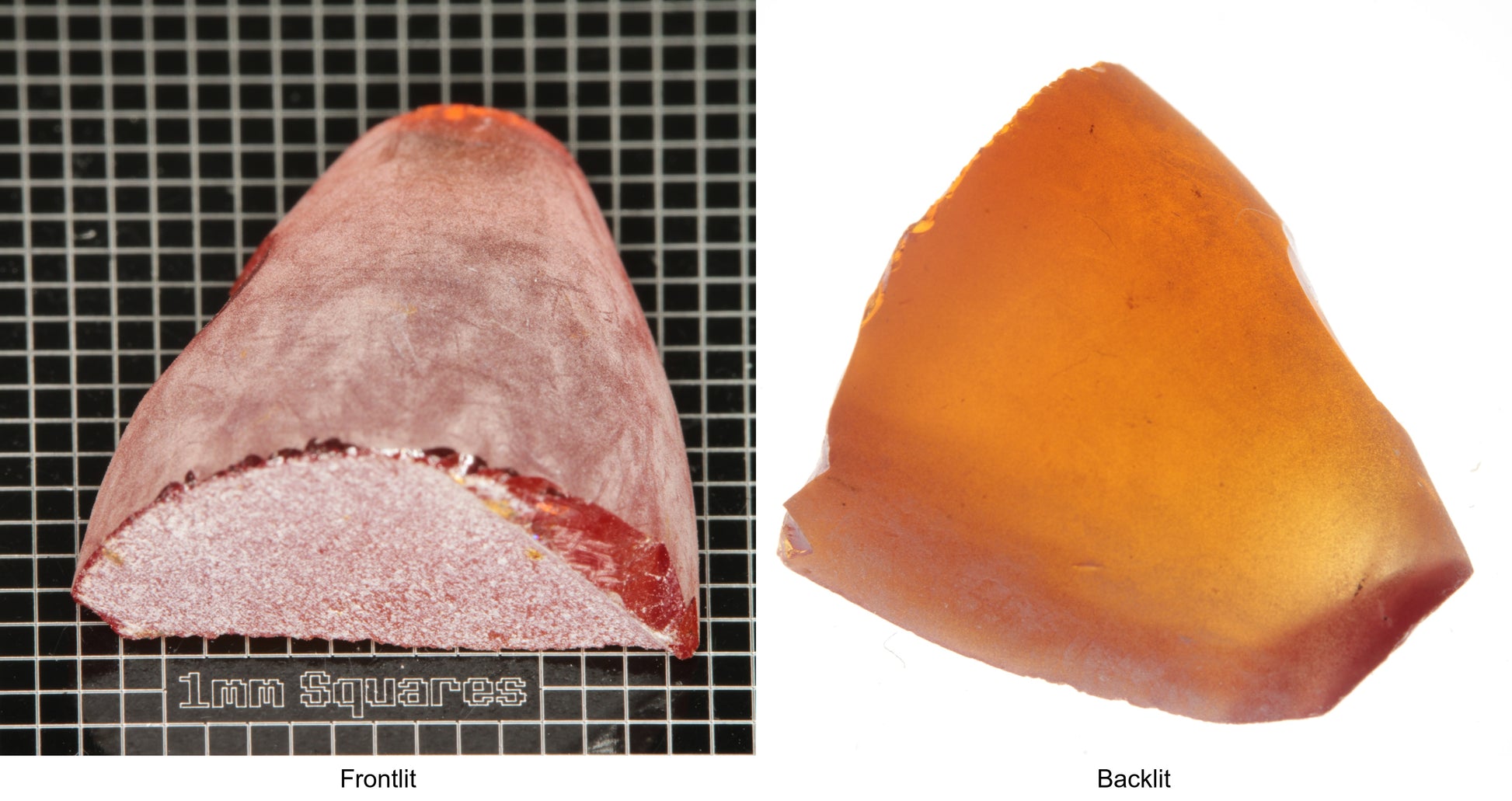 Rough Orange Flame Fusion Sapphire, Semicone Shaped Piece shown in both normal light and backlit.