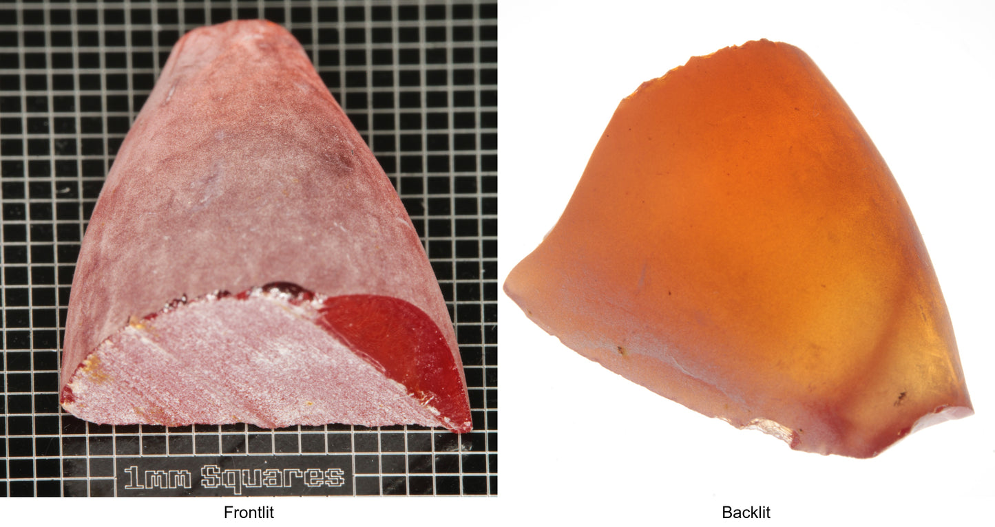 Rough Orange Flame Fusion Sapphire, Semicone Shaped Piece shown in both normal light and backlit.