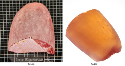 Rough Orange Flame Fusion Sapphire, Semicone Shaped Piece shown in both normal light and backlit.