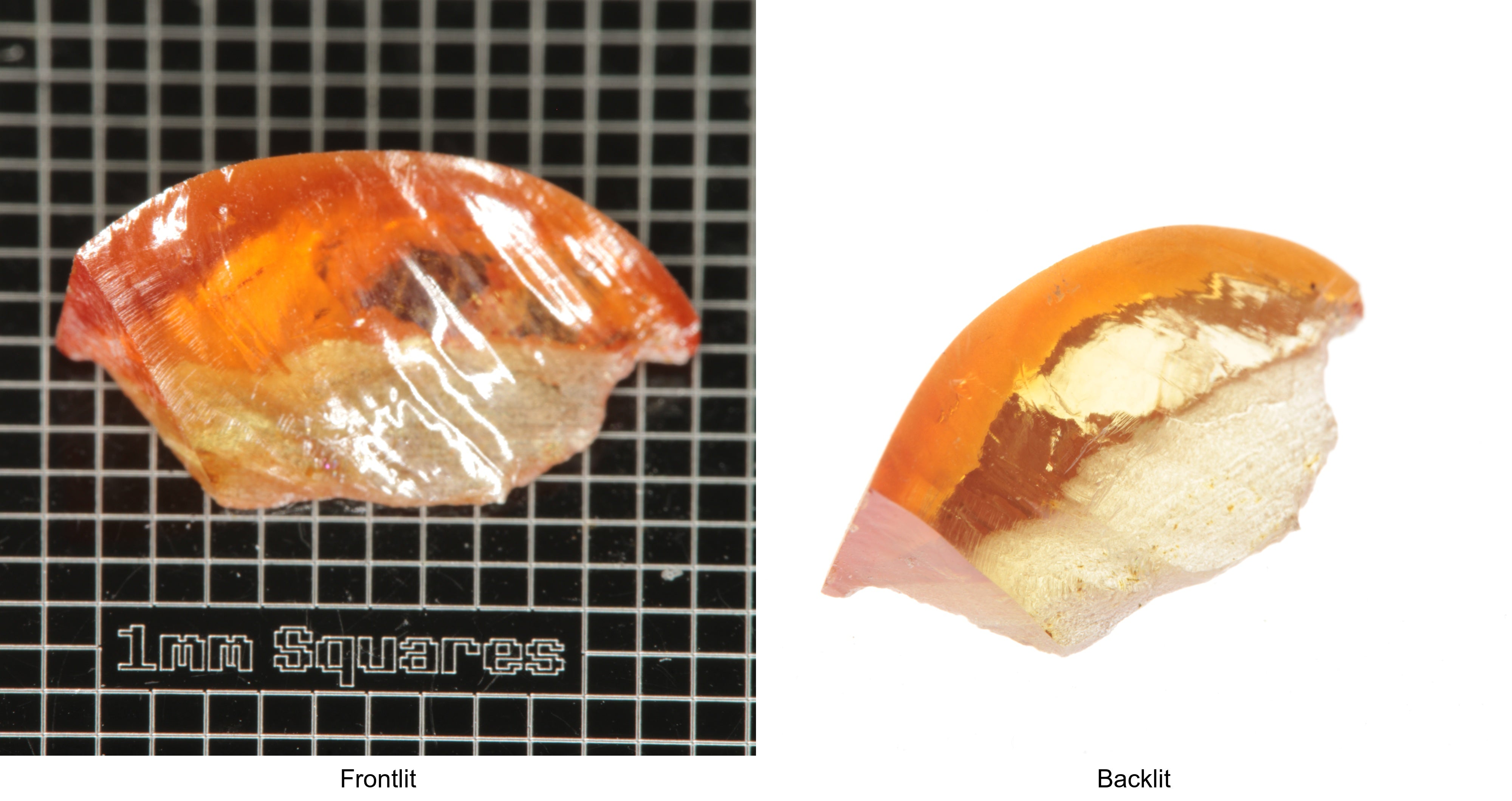 Rough Orange Flame Fusion Sapphire, Shard Shaped Piece shown in both normal light and backlit.