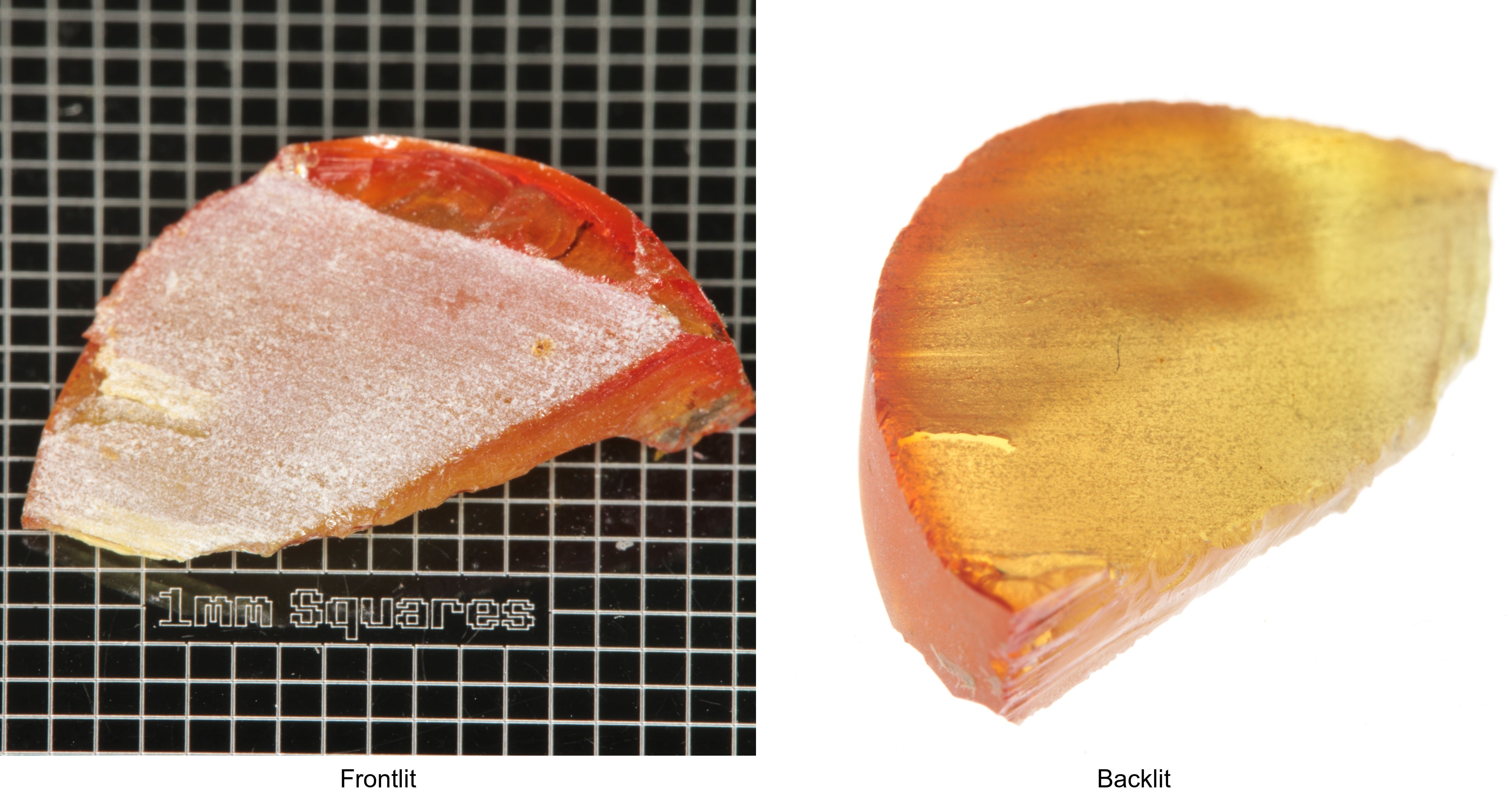 Rough Orange Flame Fusion Sapphire, Shard Shaped Piece shown in both normal light and backlit.